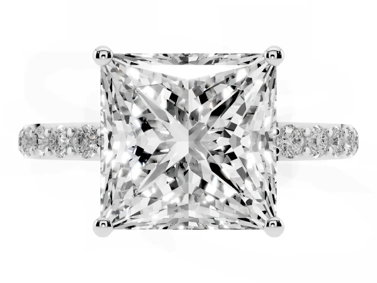 Princess Cut Diamond Solitaire Ring with Round Pavé Shoulders and Prong Setting Silver