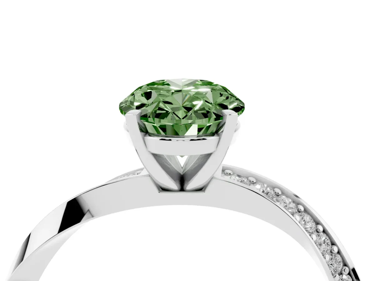 Fancy Green Oval Cut Diamond Engagement Ring with Side Stone Accents and Four-Prong Setting Platinum