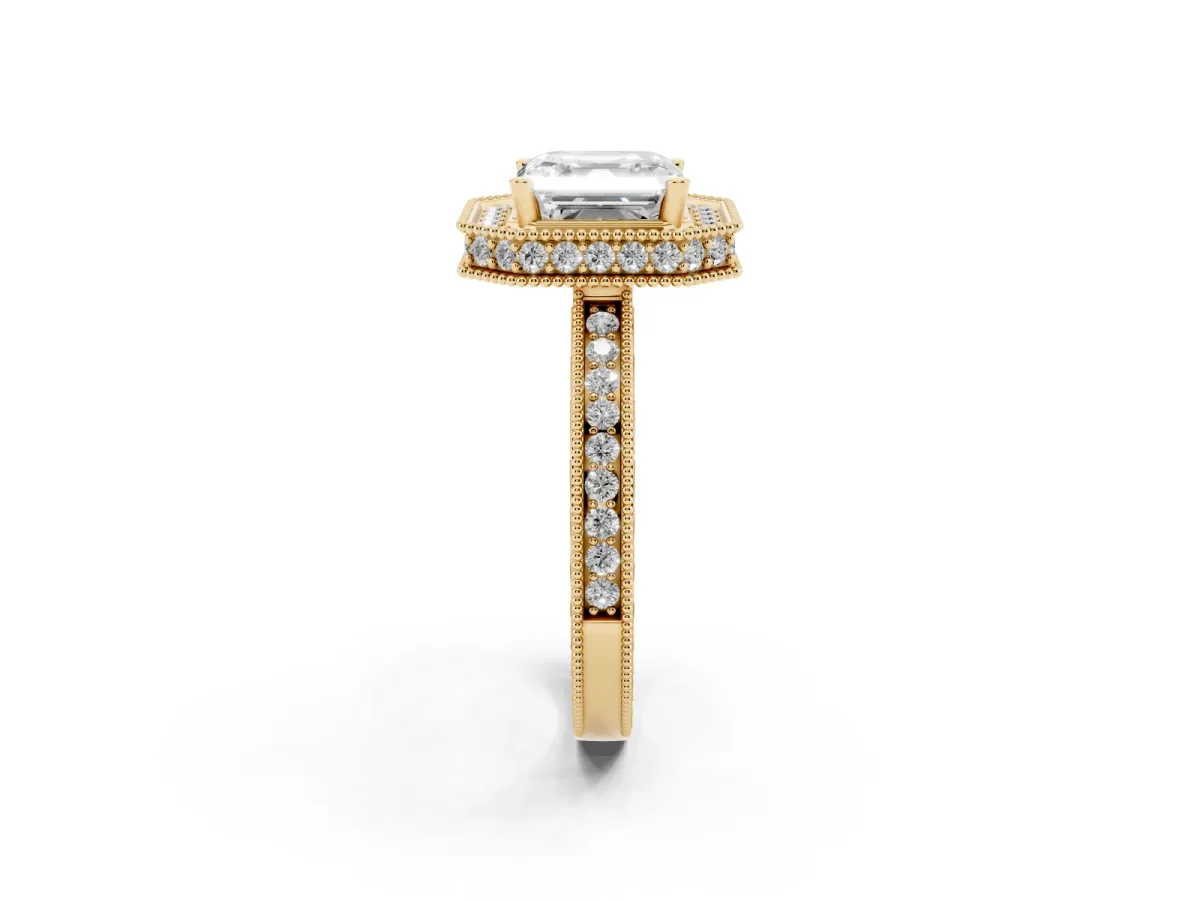 Asscher Cut Diamond Milgrain Halo Engagement Ring with Round Pavé Band and Prong Setting Yellow gold