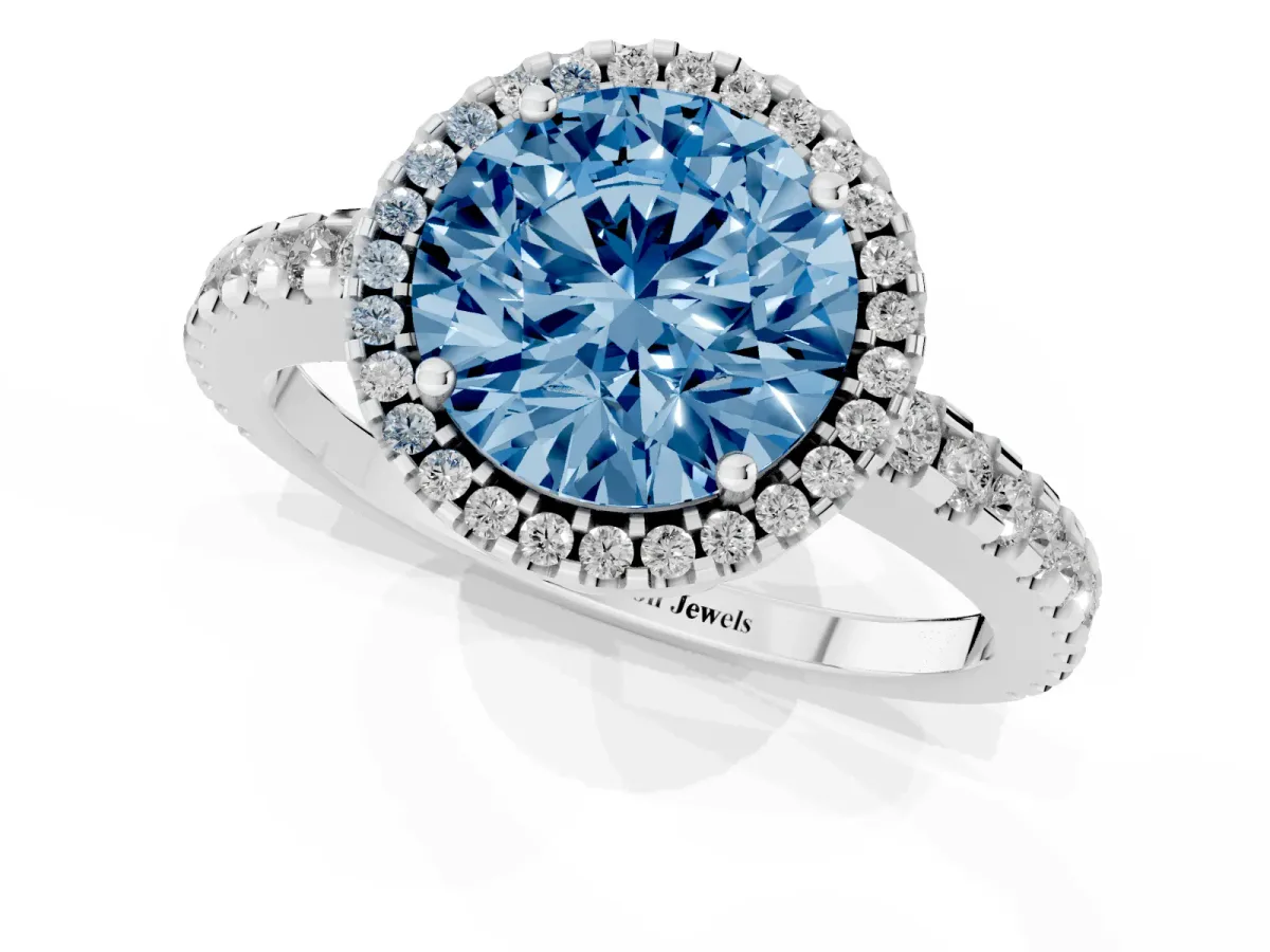Fancy Blue Round Cut Diamond Halo Engagement Ring with Pavé Band and Prong Setting Platinum