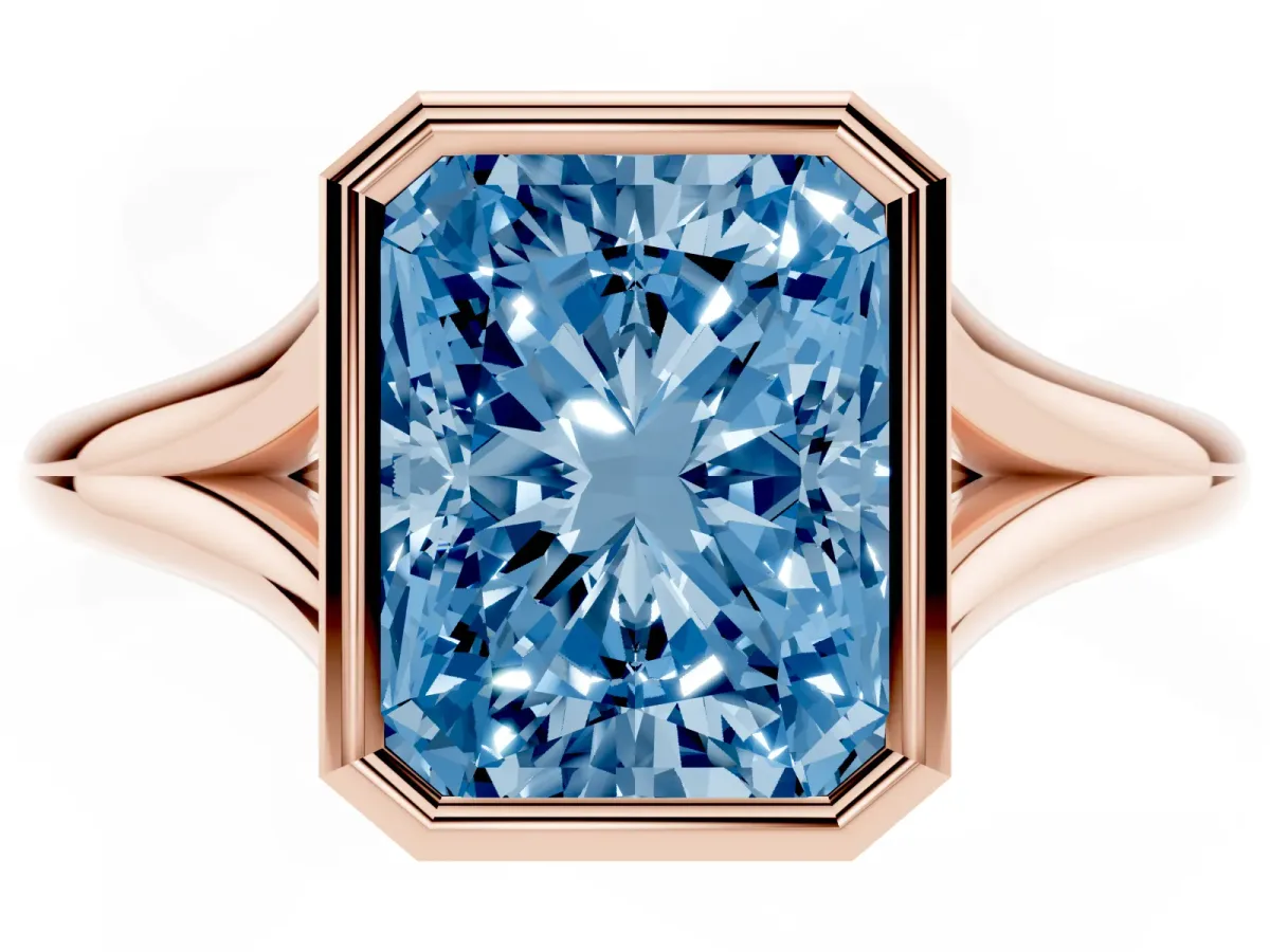 Fancy Blue Bezel Set Radiant Cut Cut Solitaire Ring with Tapered Band Rose gold