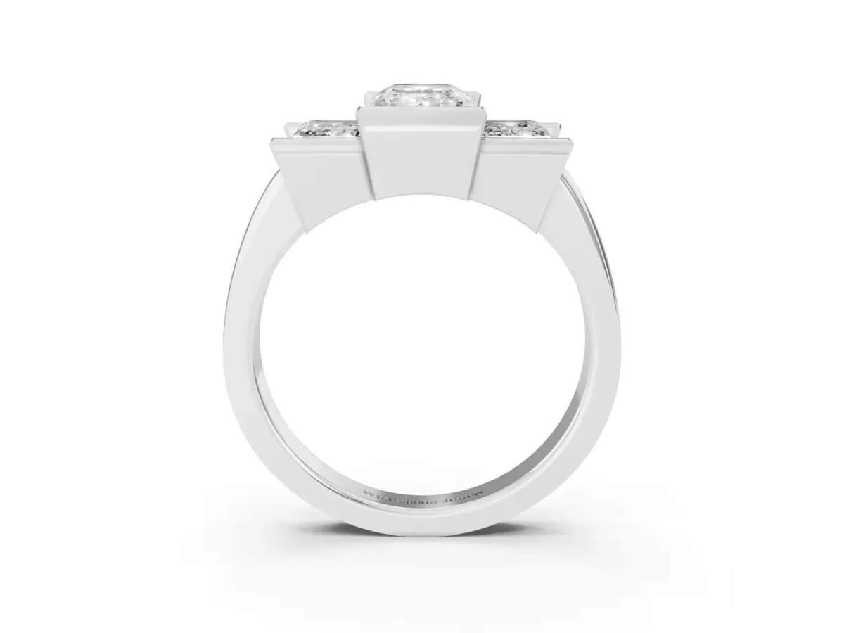Three Stone Emerald Cut Cut Channel Set Diamond Ring Platinum