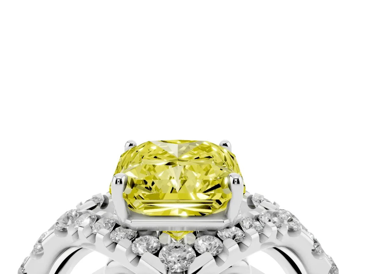 Fancy Yellow Radiant Cut Diamond Solitaire Ring with Hidden Halo and Pavé Band Platinum