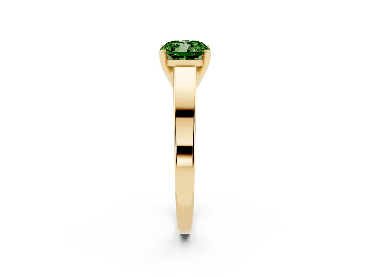 Fancy Green Cushion Cut Solitaire Engagement Ring with Four-Prong Setting and Tapered Band Yellow gold