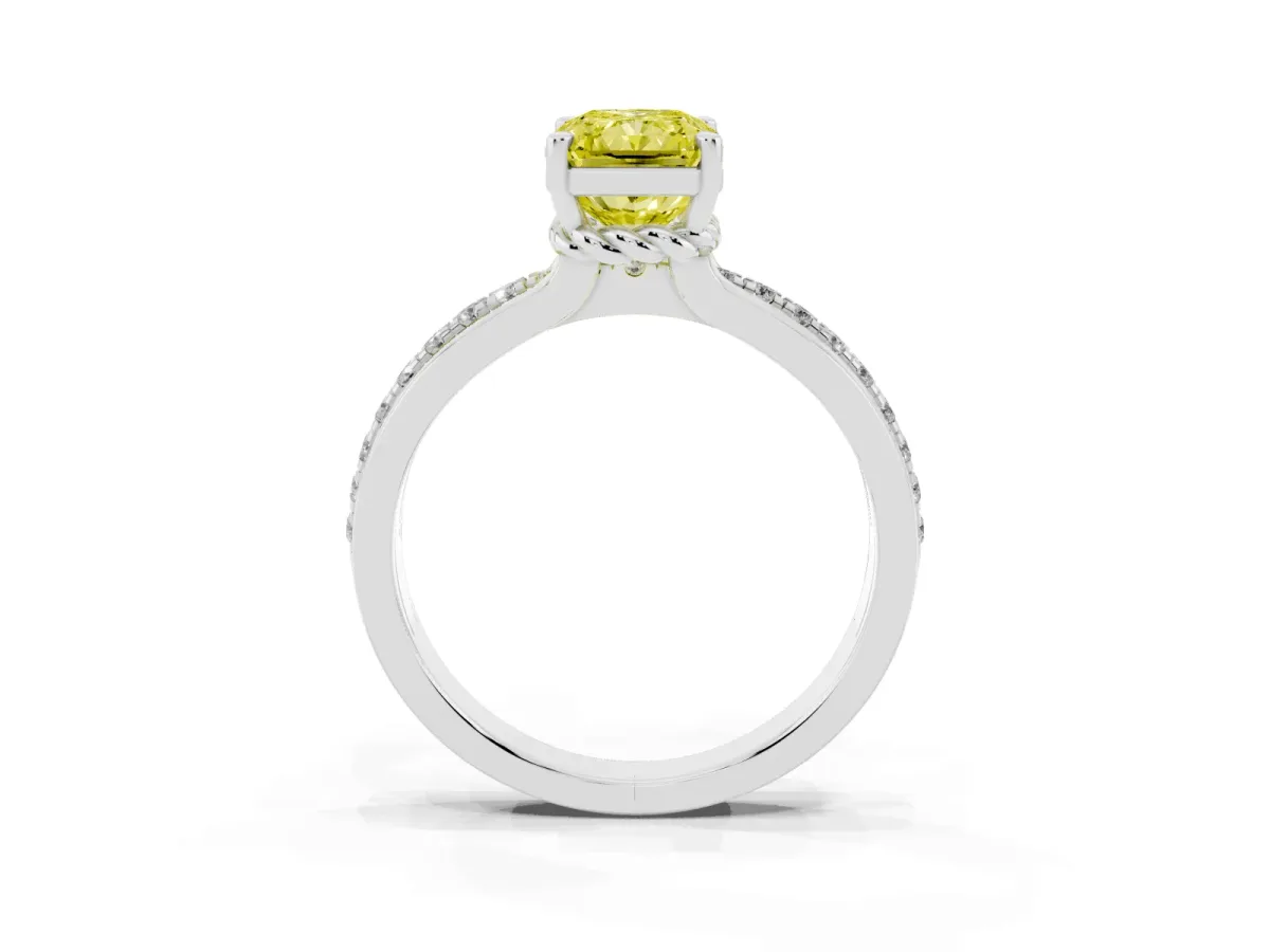 Fancy Yellow Radiant Cut Solitaire Diamond Ring with Channel Set Band and Six-Prong Setting White gold
