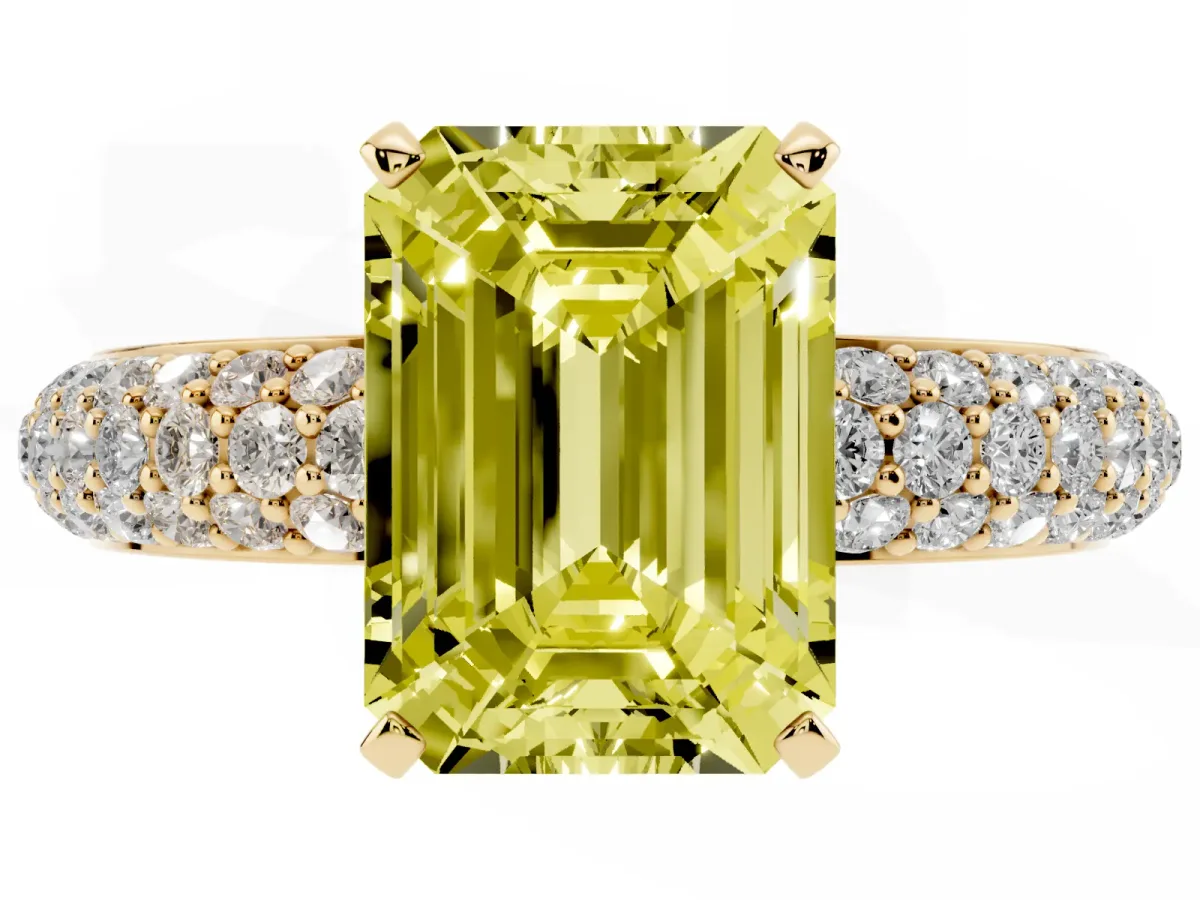 Fancy Yellow Emerald Cut Diamond Solitaire Ring with Prong Setting and Pavé Band Yellow gold