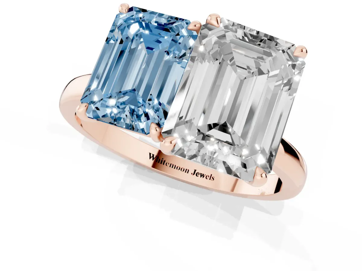 Fancy Blue Emerald Cut and Emerald Cut Toi Moi Ring with Prong Setting Rose gold