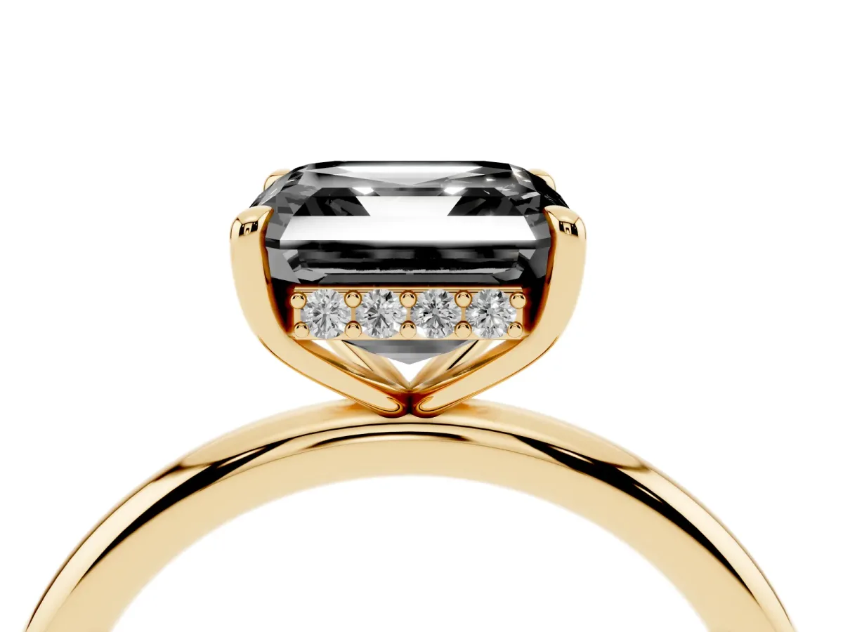 Fancy Black Asscher Cut Diamond Solitaire Ring with Thin Band and Four-Prong Setting Yellow gold