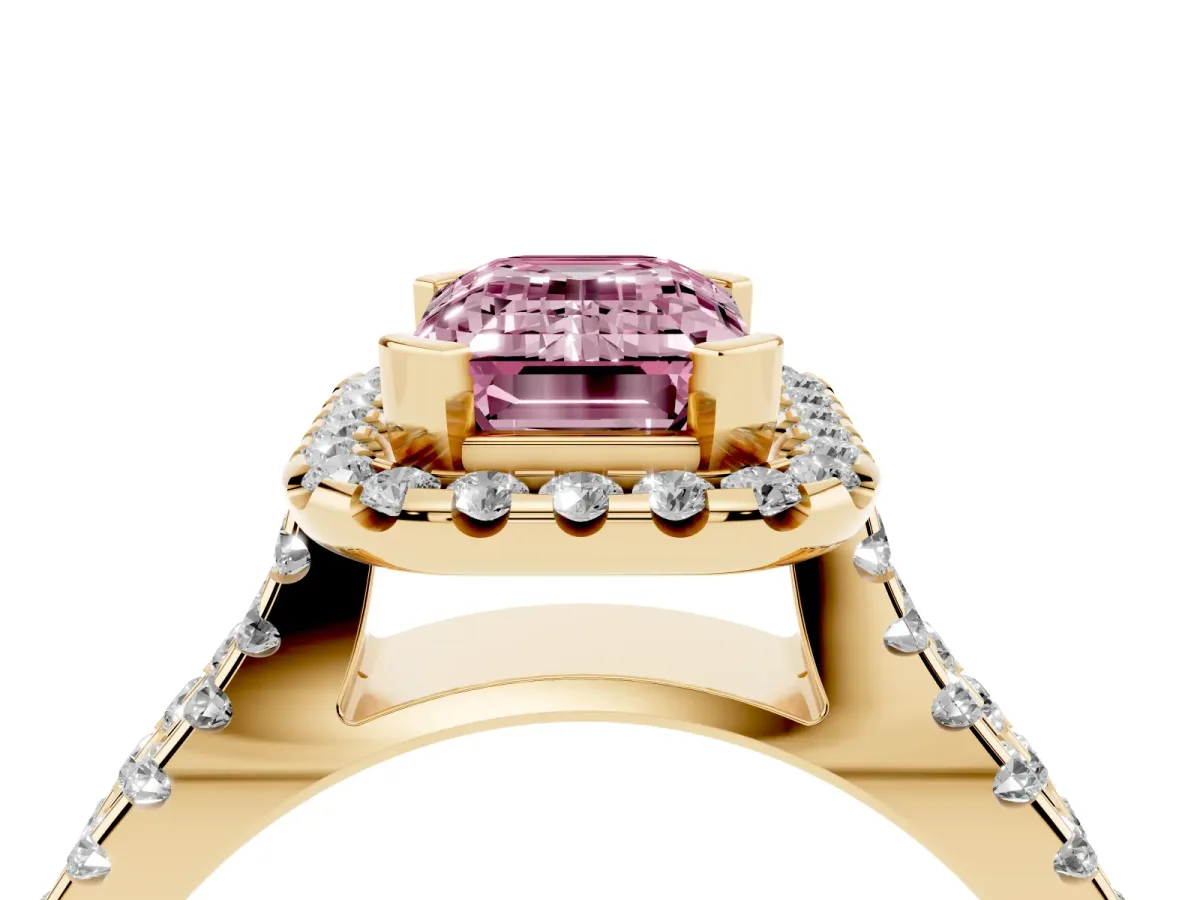 Fancy Pink Emerald Cut Diamond Halo Ring with Split Shank Pavé Band and Prong Setting Yellow gold