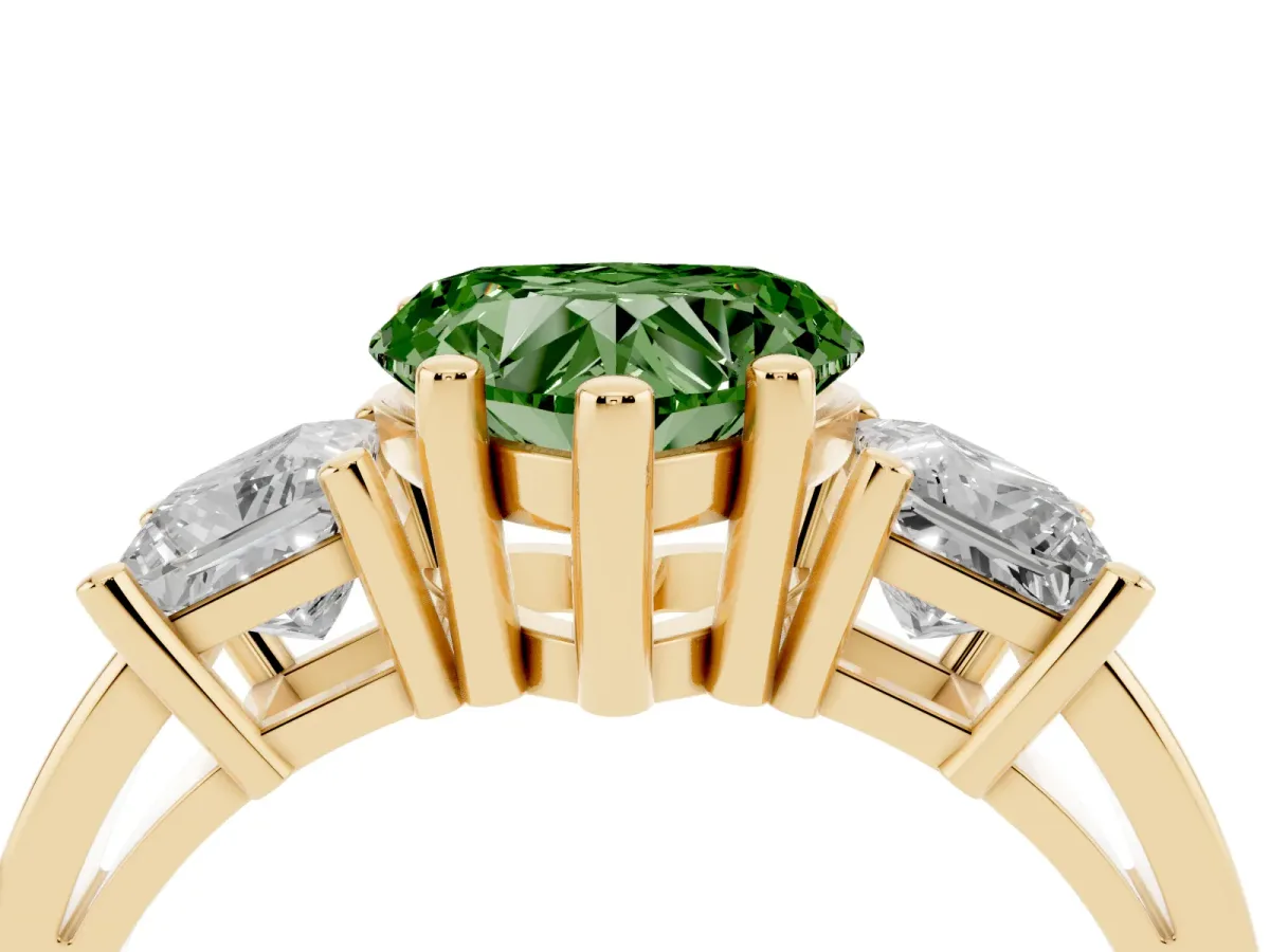 Fancy Green Three-Stone Heart Cut Cut Solitaire Ring with Prong Setting Yellow gold