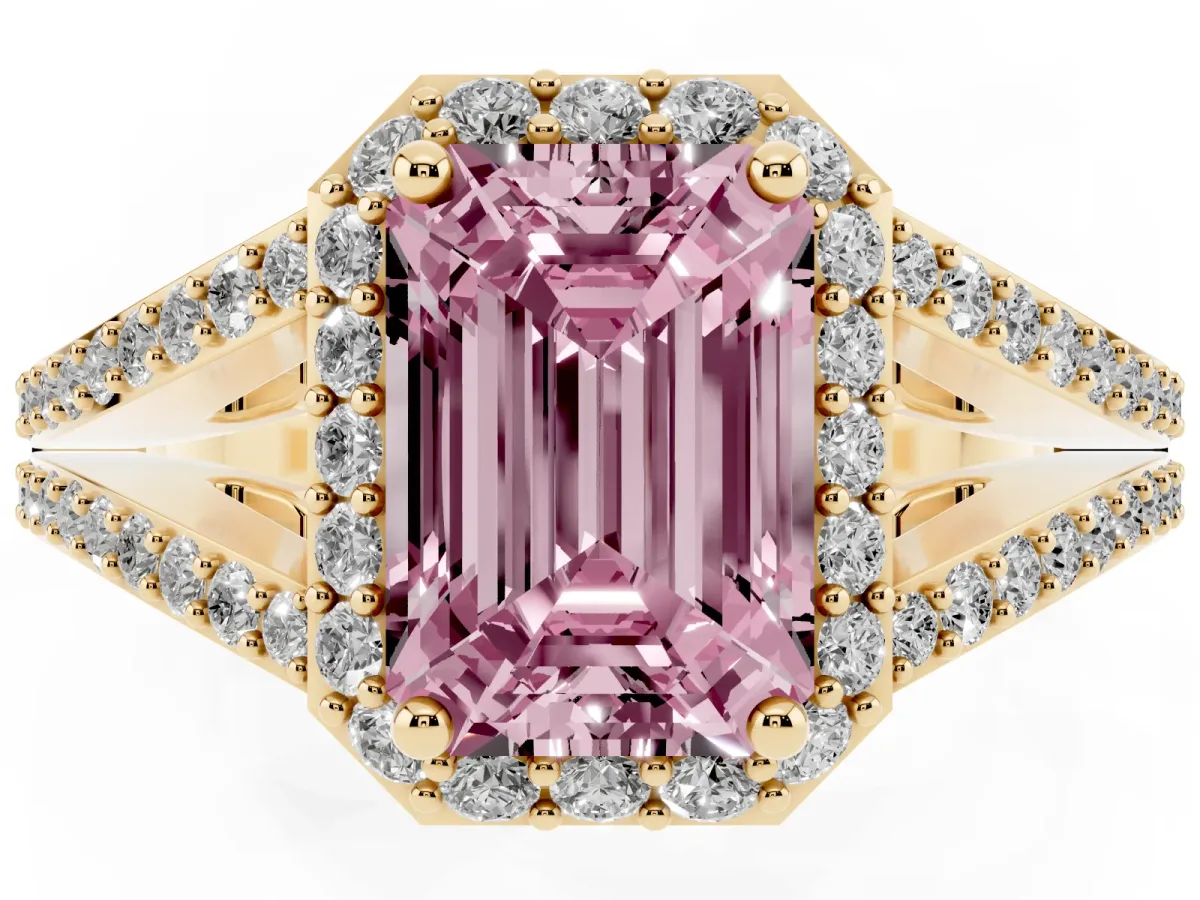 Fancy Pink Emerald Cut Halo Split Shank Pave Diamond Ring with Four-Prong Setting Yellow gold