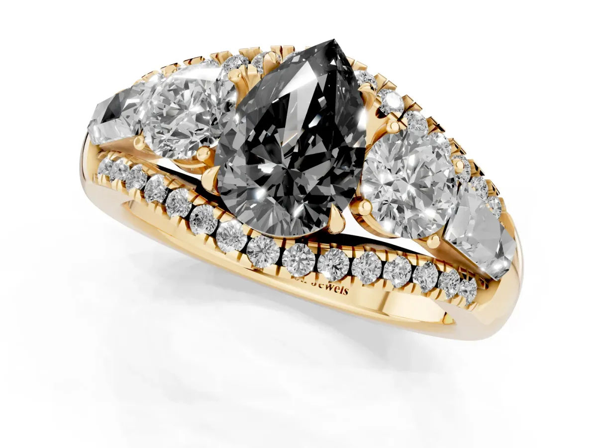 Fancy Black Three-Stone Pear Cut Diamond Engagement Ring with Pave Band and Prong Setting Yellow gold