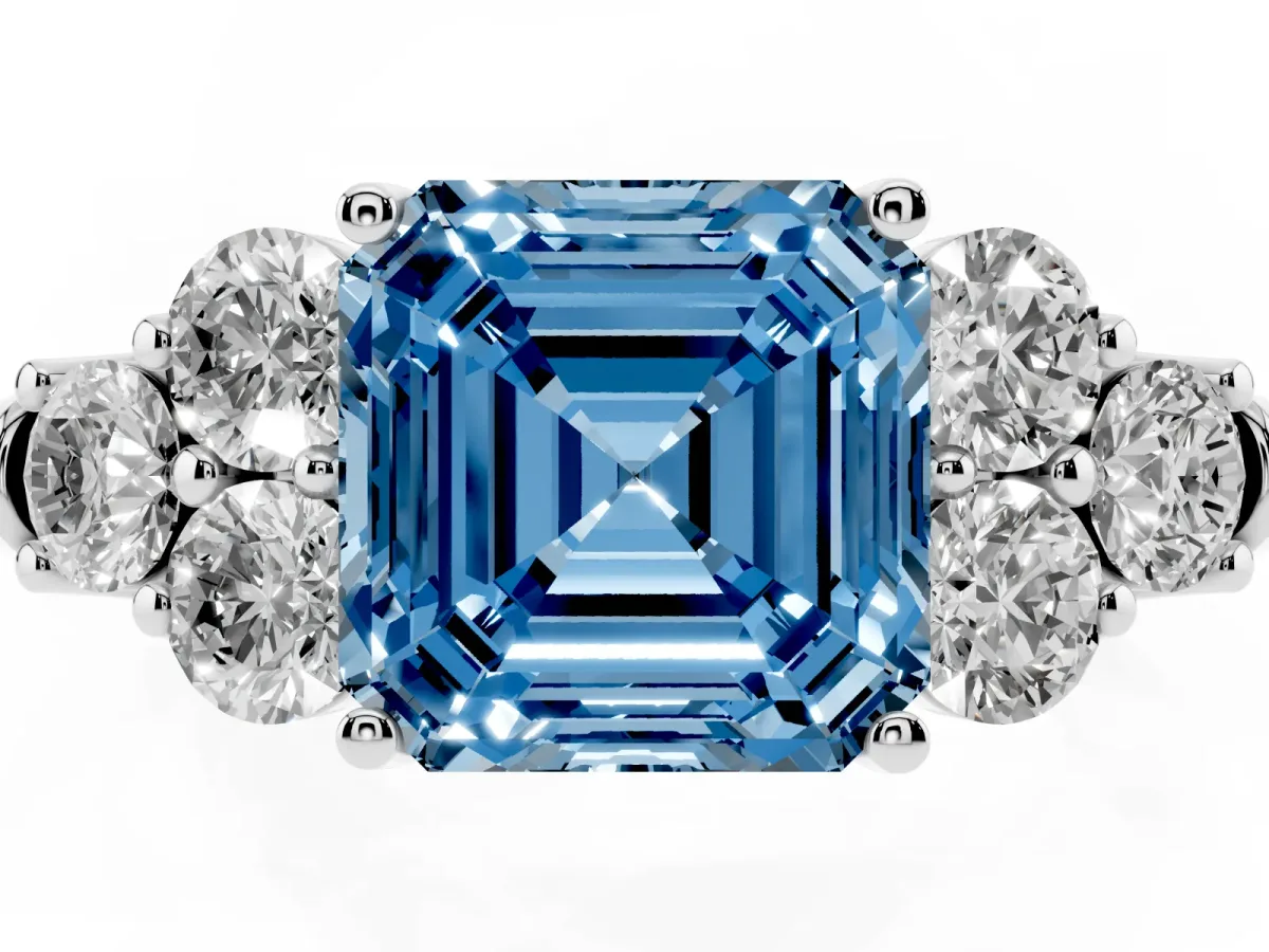 Fancy Blue Asscher Cut Cut Diamond Cluster Ring with Round Accent Stones and Prong Setting on a Classic Band White gold