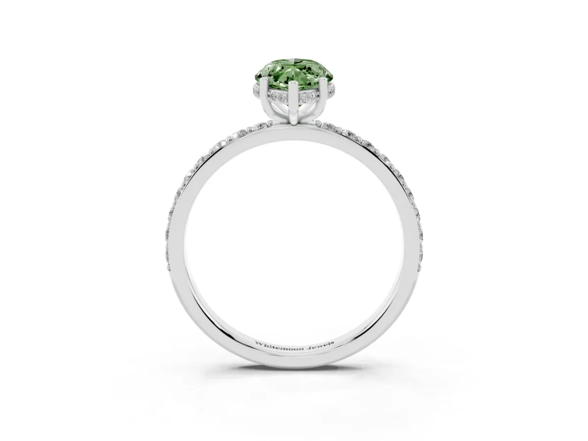 Fancy Green Marquise Cut Diamond Solitaire Ring with Pavé Band and Hidden Halo White gold
