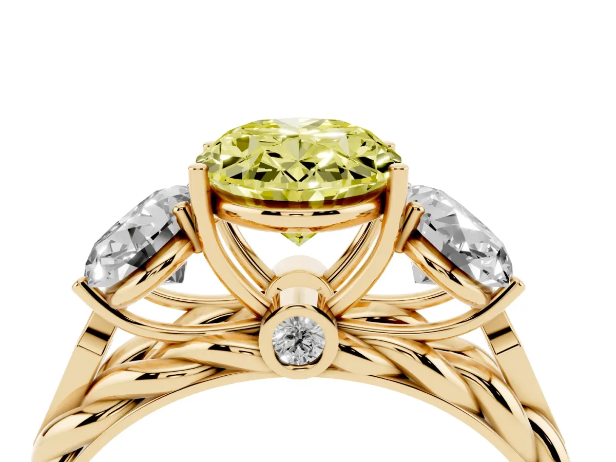 Fancy Yellow Three-Stone Oval Cut Diamond Braided Band Ring with Four-Prong Setting Yellow gold