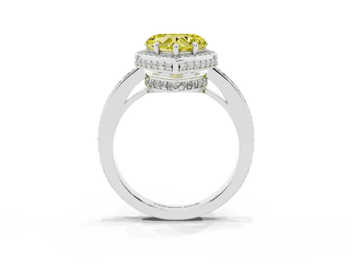Fancy Yellow Heart Cut Halo Pave Band Solitaire Ring with Prong Setting White gold