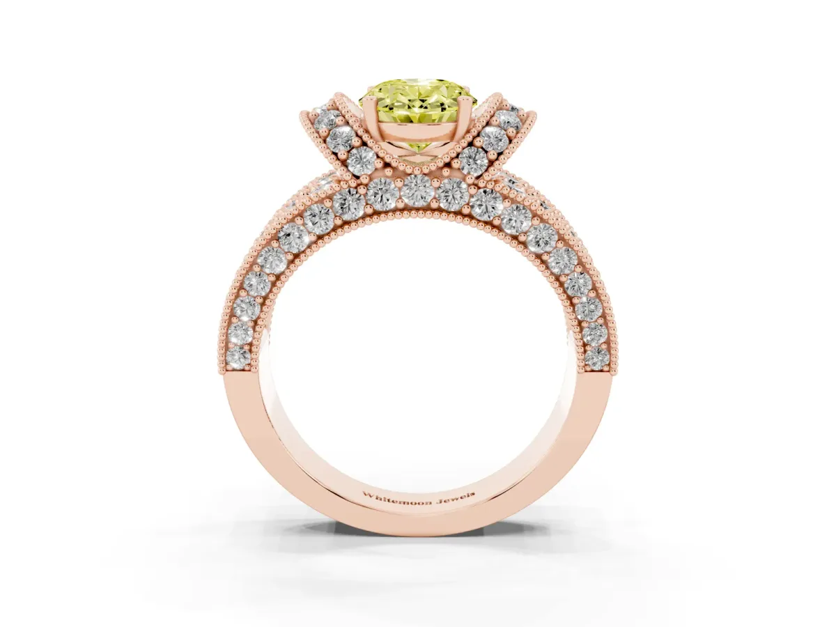 Fancy Yellow Oval Cut Halo Pave Diamond Engagement Ring with Milgrain Detailing Rose gold