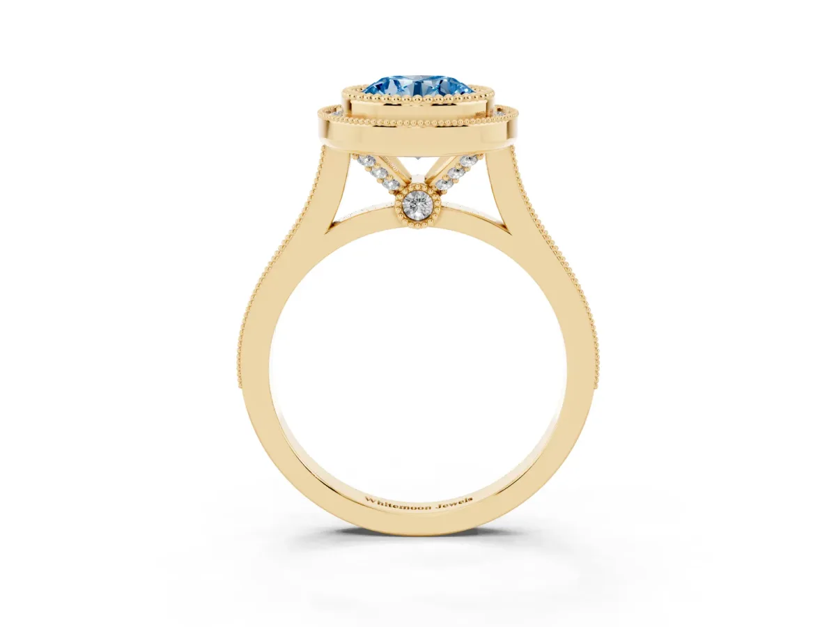 Fancy Blue Round Cut Diamond Halo Ring with Milgrain Frame and Pavé Band Yellow gold