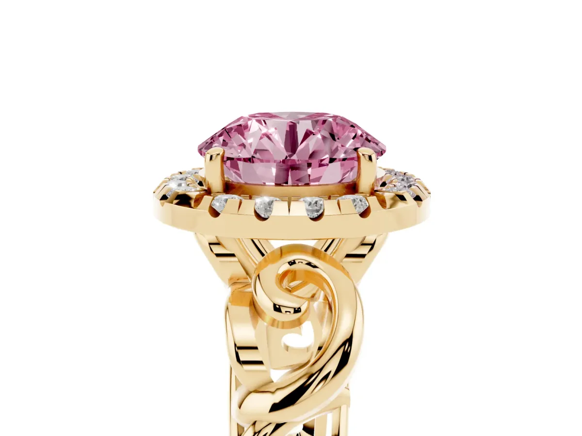 Fancy Pink Round Cut Cut Halo Diamond Ring with Scrollwork Band and Four-Prong Setting Yellow gold