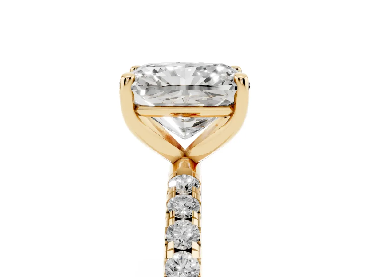 Radiant Cut Cut Diamond Solitaire Ring with Micro Pave Band and Four Prong Setting Yellow gold