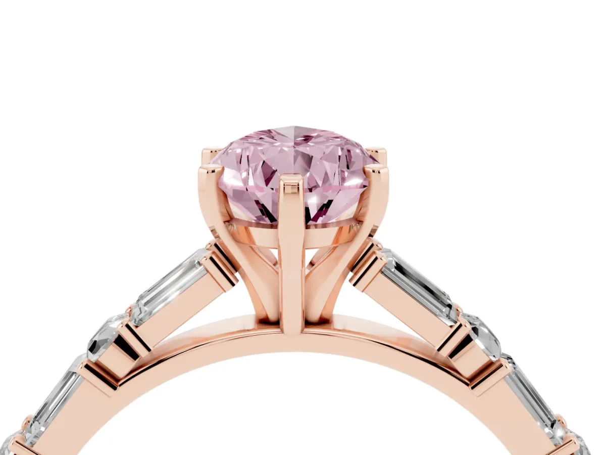 Fancy Pink Pear Cut Diamond Solitaire with Side Baguettes and Channel Set Band Rose gold