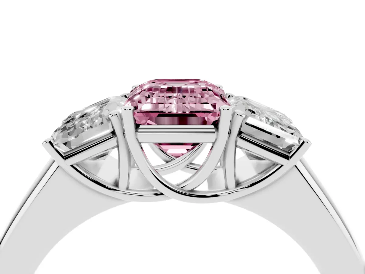 Fancy Pink Three-Stone Emerald Cut Cut Diamond Ring with Prong Setting and Classic Band Platinum