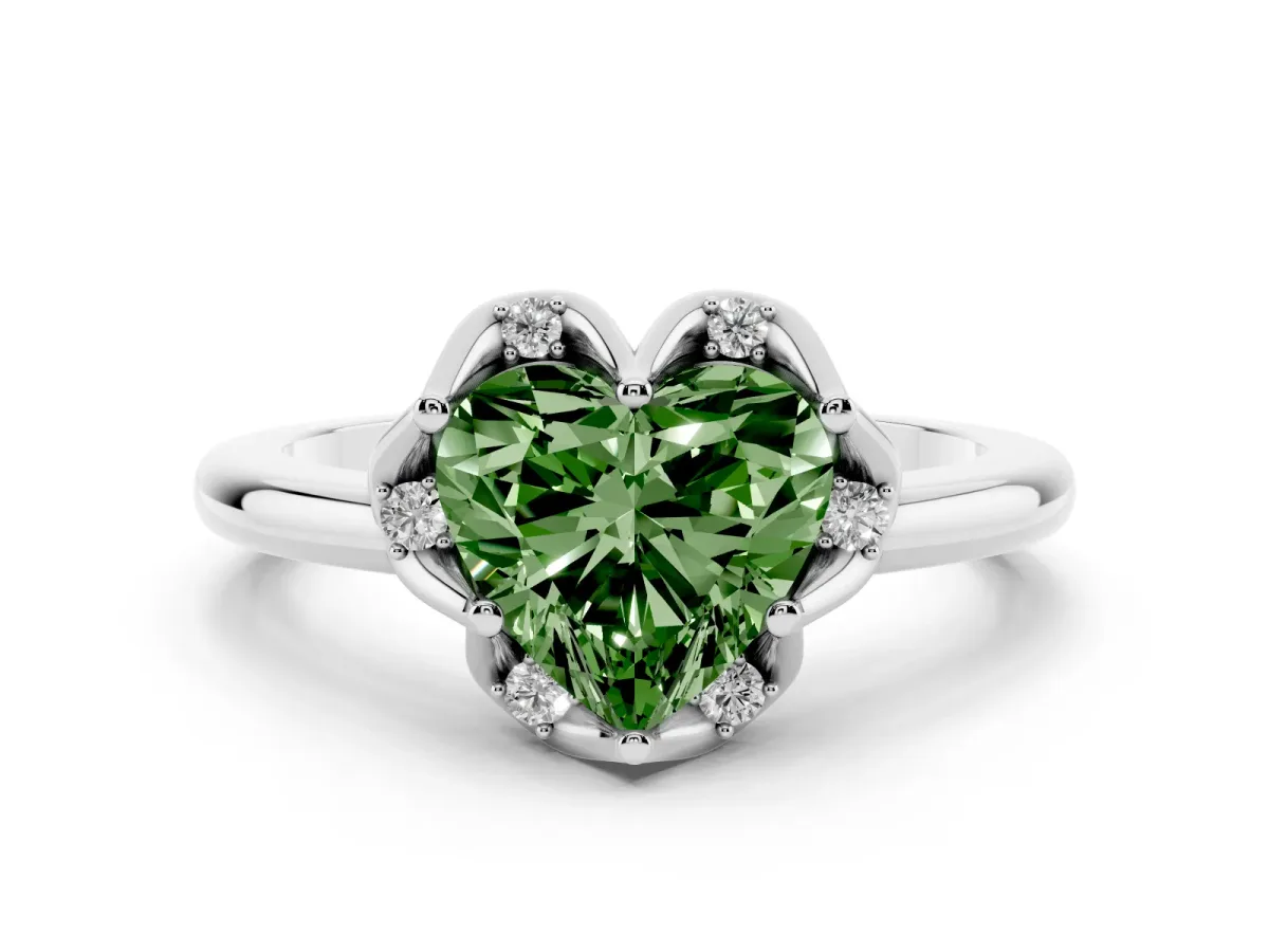 Fancy Green Heart Cut Halo Diamond Ring with Round Cluster Setting, Solitaire Band, and Four-Prong Setting Silver