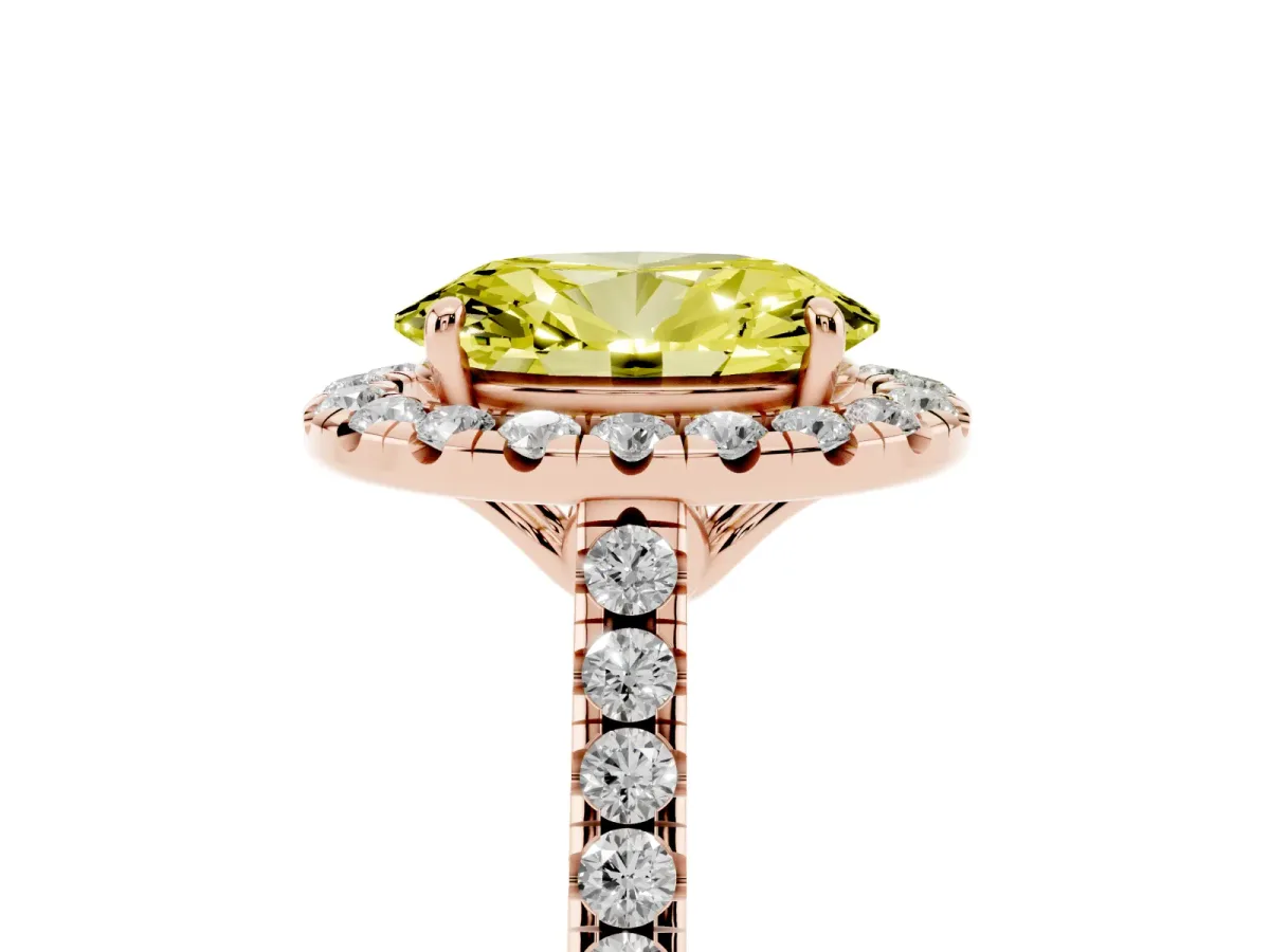 Fancy Yellow Oval Cut Halo Pavé Diamond Engagement Ring with Four-Prong Setting Rose gold