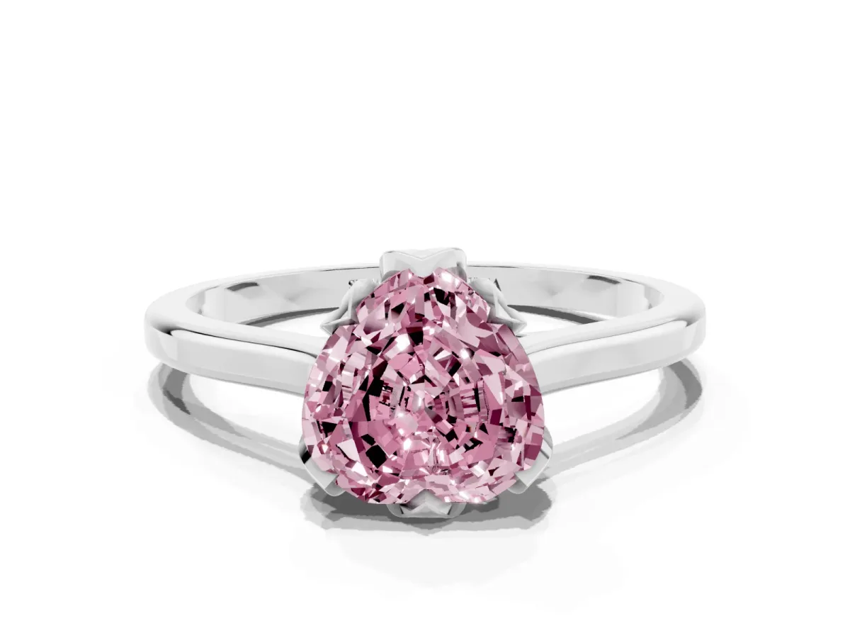 Fancy Pink Heart Cut Diamond Solitaire Ring with Flower Prong Setting and Classic Band Silver