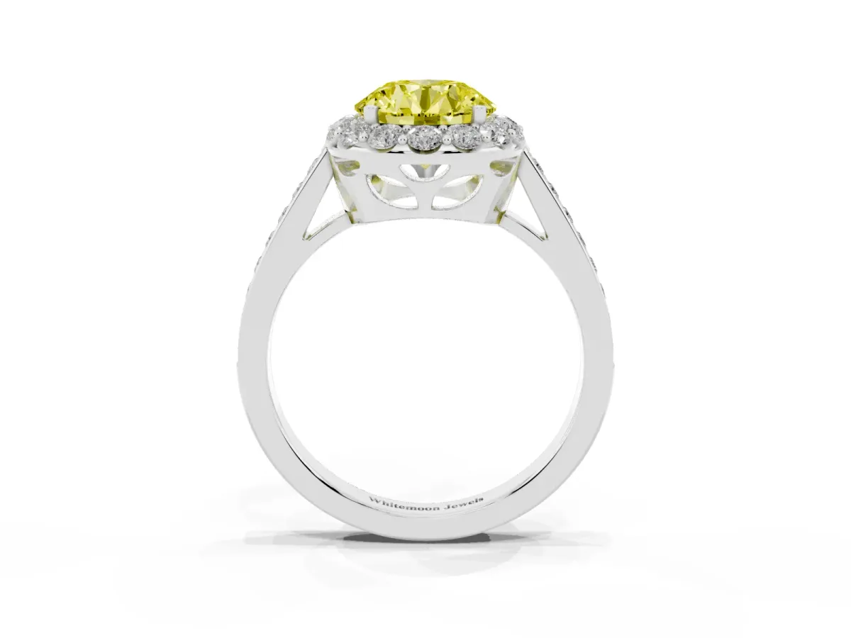 Fancy Yellow Round Cut Diamond Floral Halo Ring with Pavé Band and Prong Setting White gold
