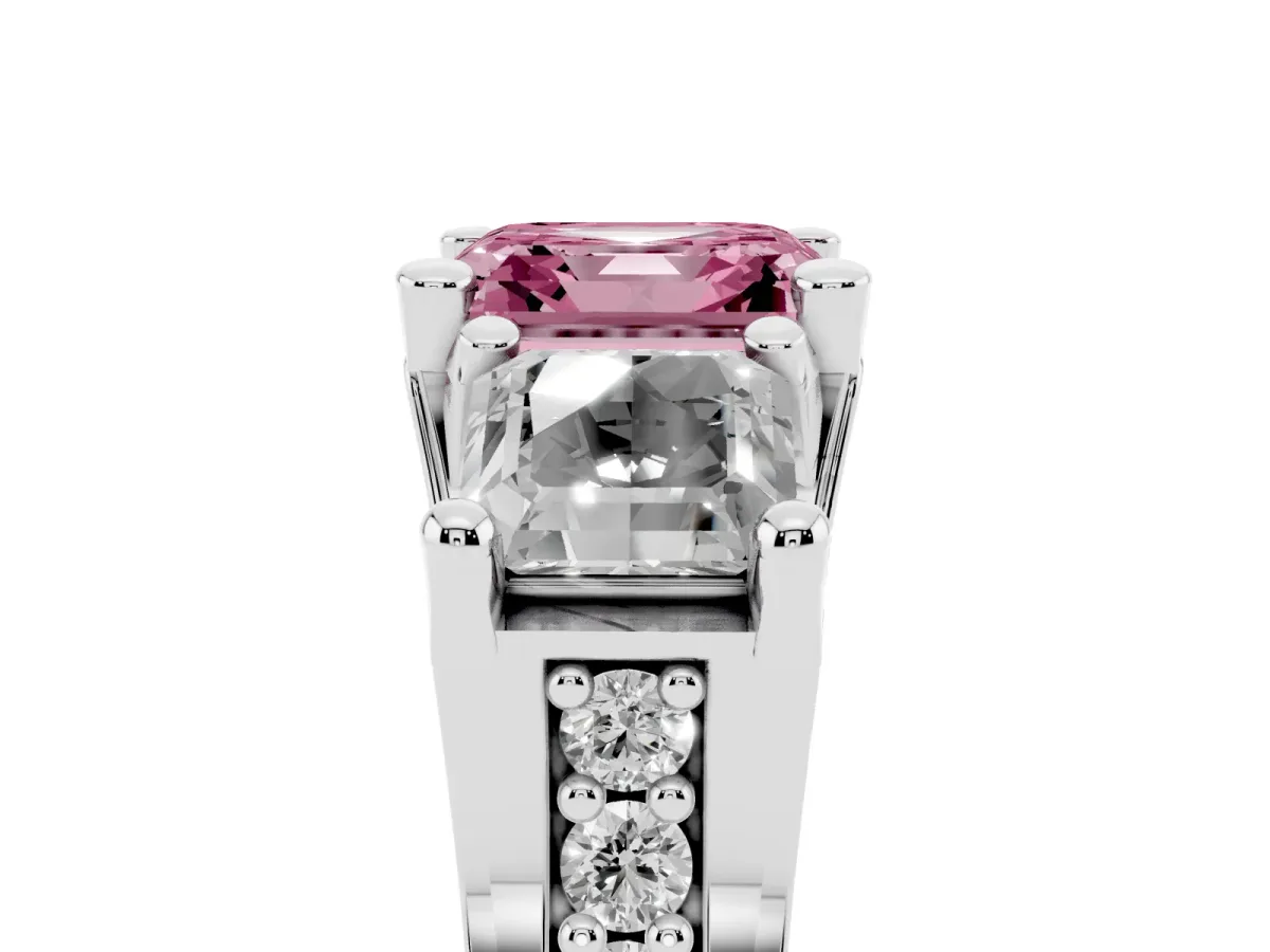 Fancy Pink Asscher Cut Diamond Three-Stone Ring with Channel Set Band and Four-Prong Setting Silver