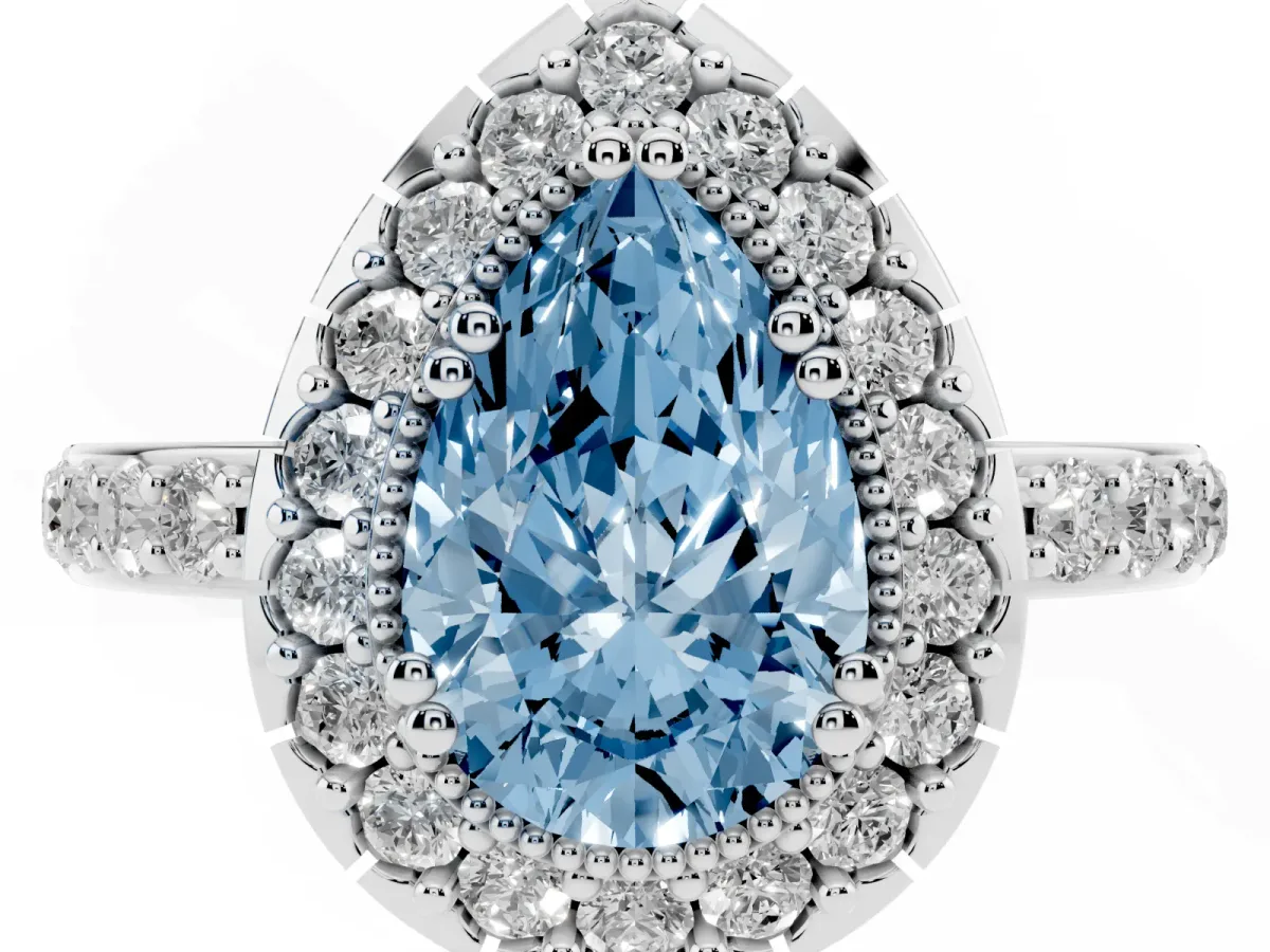 Fancy Blue Pear Cut Diamond Halo Ring with Pavé Band and Prong Setting Platinum