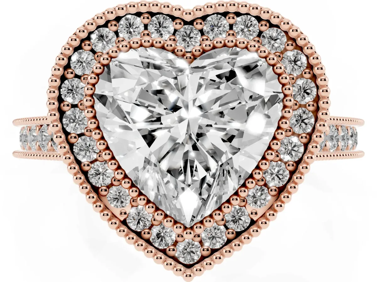 Halo Heart Cut-Cut Diamond Pave Band Milgrain Prong Setting Ring Rose gold