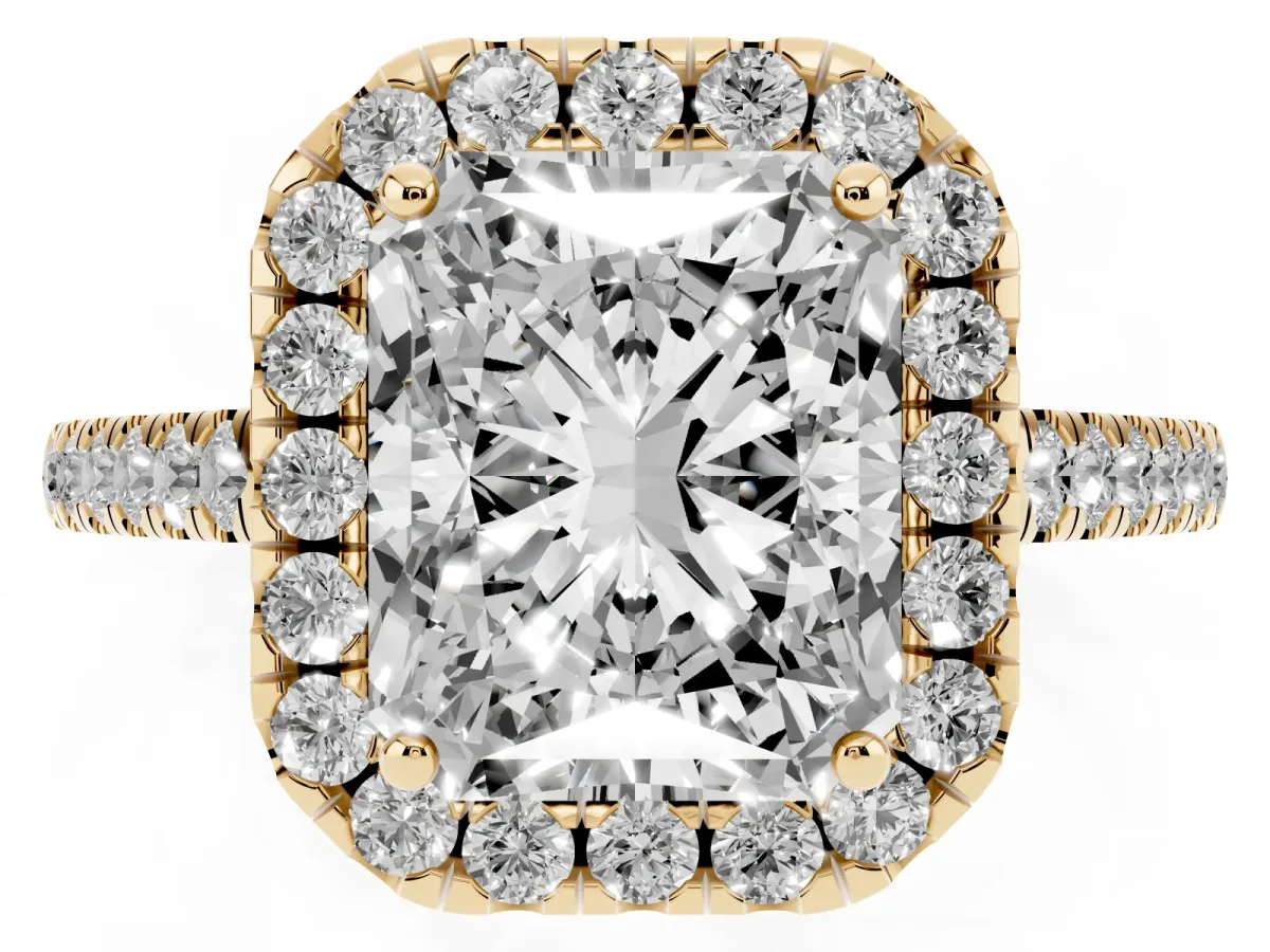 Radiant Cut Halo Pavé Diamond Engagement Ring with Four-Prong Setting Yellow gold