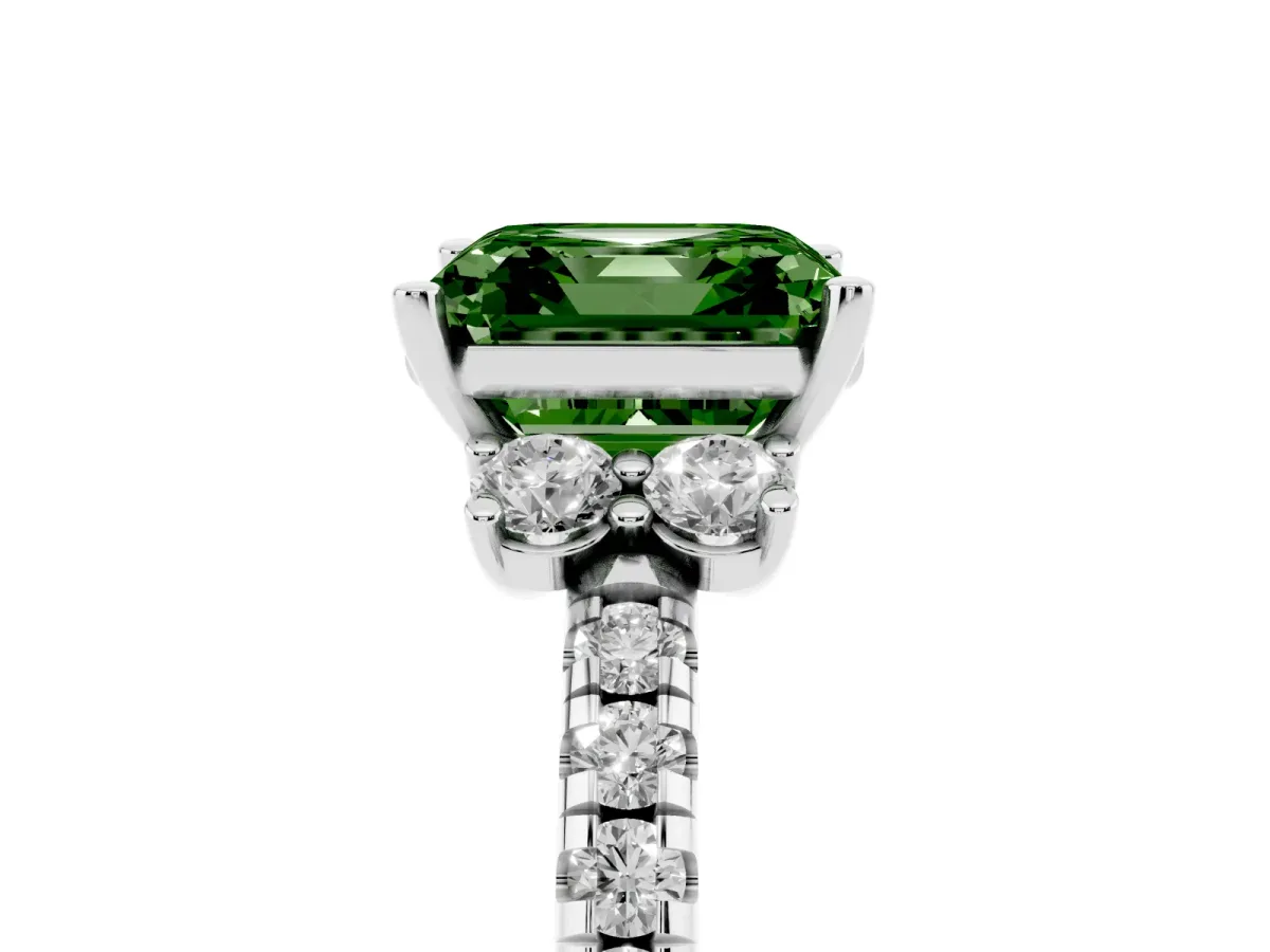 Fancy Green Asscher Cut Diamond Three-Stone Pave Band with Four-Prong Setting Silver