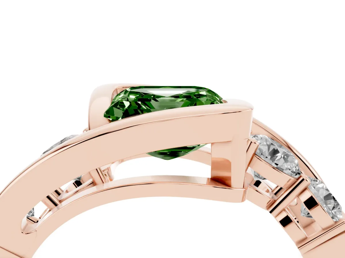 Fancy Green Bezel Set Asscher Cut Diamond Bypass Ring with Round Accents Rose gold