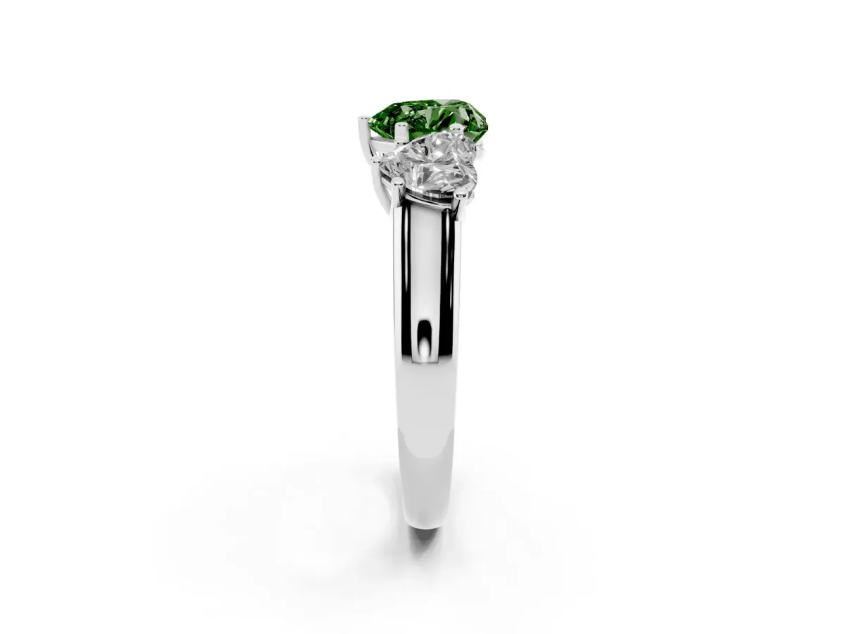 Fancy Green Heart Cut Three-Stone Diamond Ring with Prong Setting on a Classic Band Silver
