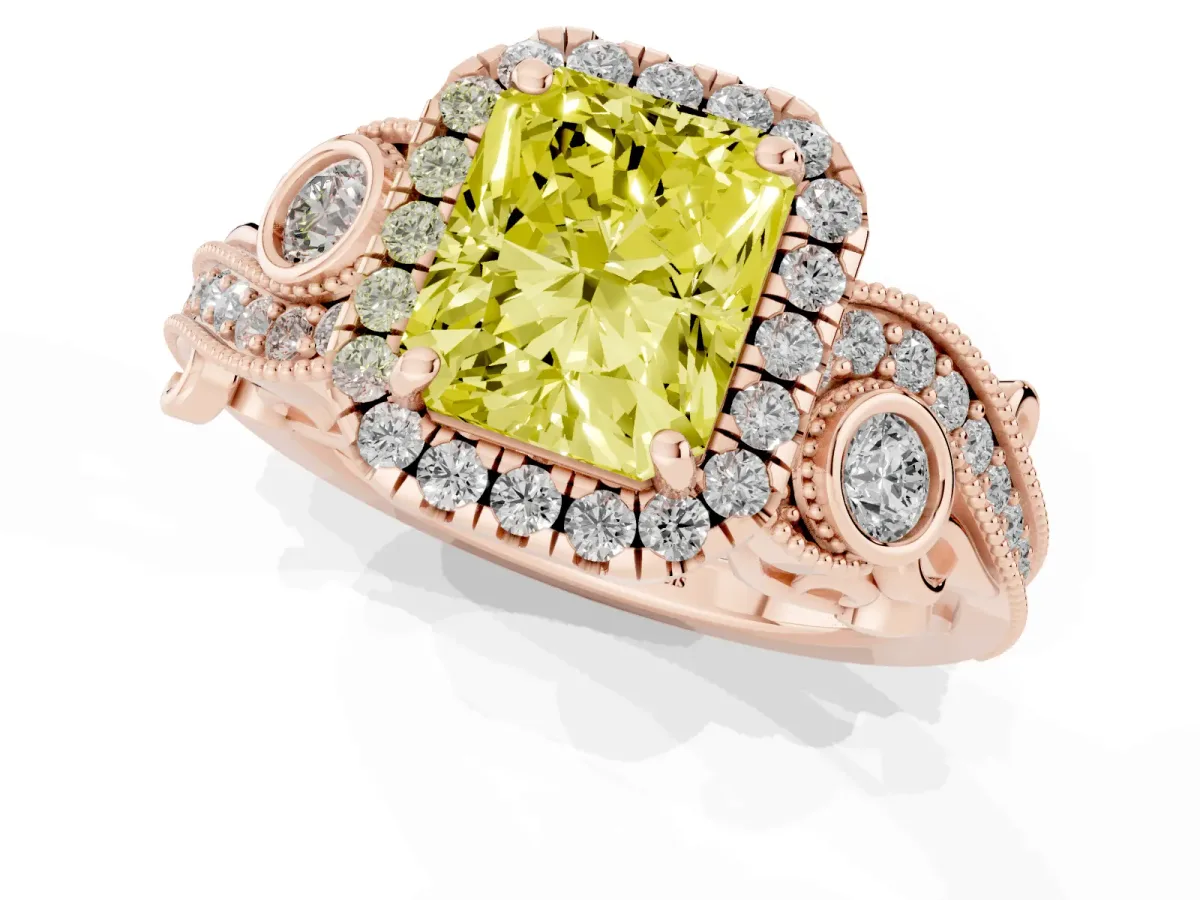 Fancy Yellow Radiant Cut Halo Diamond Ring with Milgrain and Bezel Accents on a Split Shank Band Rose gold