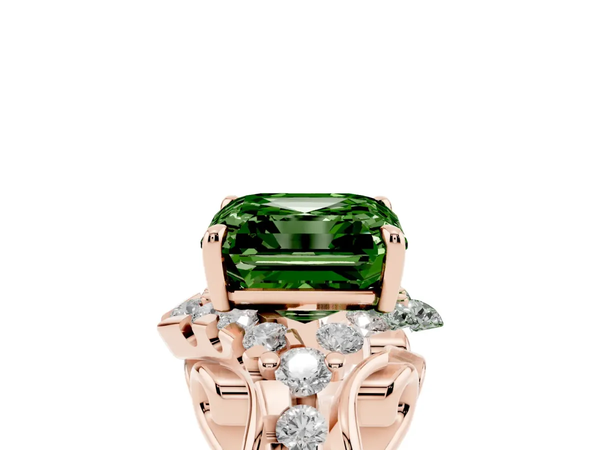 Fancy Green Asscher Cut Diamond Solitaire Ring with Hidden Halo and Pavé Band Rose gold