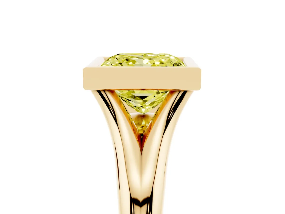 Fancy Yellow Bezel Set Princess Cut Solitaire Diamond Ring with Smooth Band Yellow gold