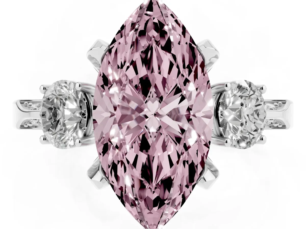 Fancy Pink Marquise Cut Brilliant Three-Stone Diamond Ring with Pavé Band and Four-Prong Setting Silver