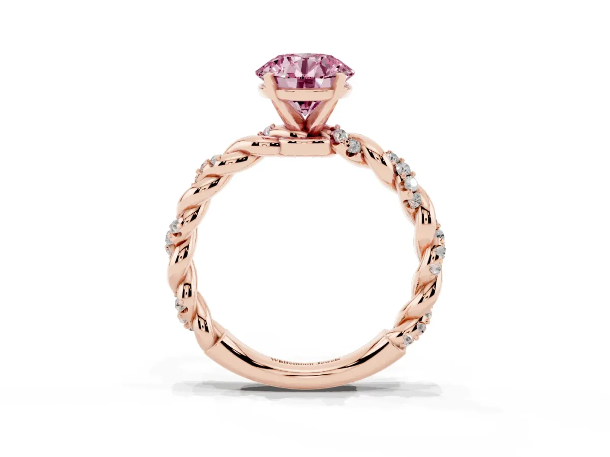 Fancy Pink Round Cut Diamond Solitaire Ring with Twisted Band and Pavé Accents Rose gold