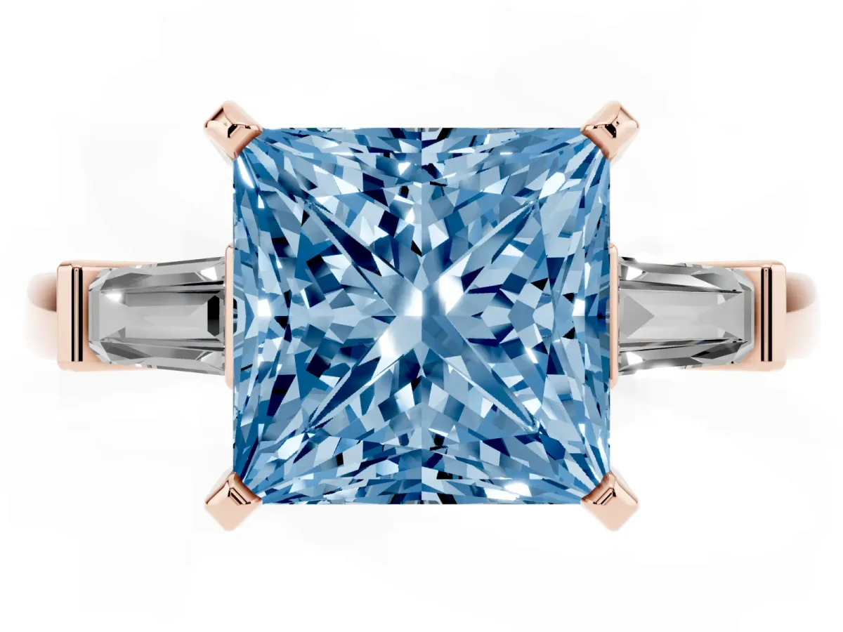 Fancy Blue Princess Cut Cut Diamond Solitaire Ring with Tapered Baguette Accents and Four-Prong Setting Rose gold