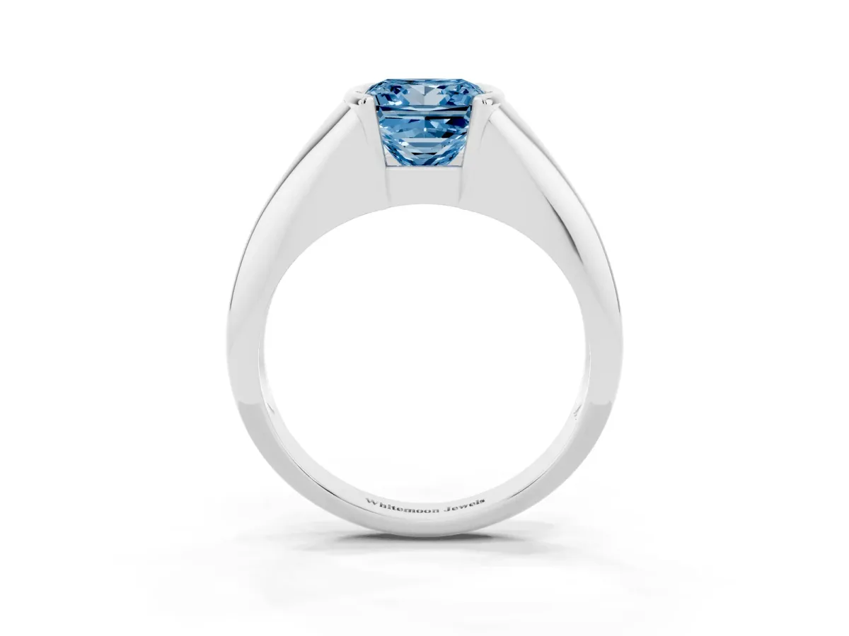 Fancy Blue Princess Cut Solitaire Tension Set Diamond Ring Silver