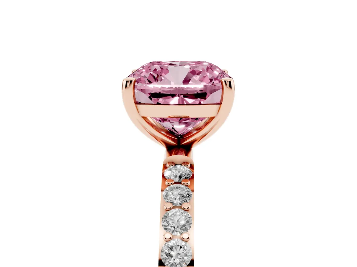 Fancy Pink Cushion Cut Diamond Solitaire Ring with Round Pavé Shoulders and Prong Setting Rose gold