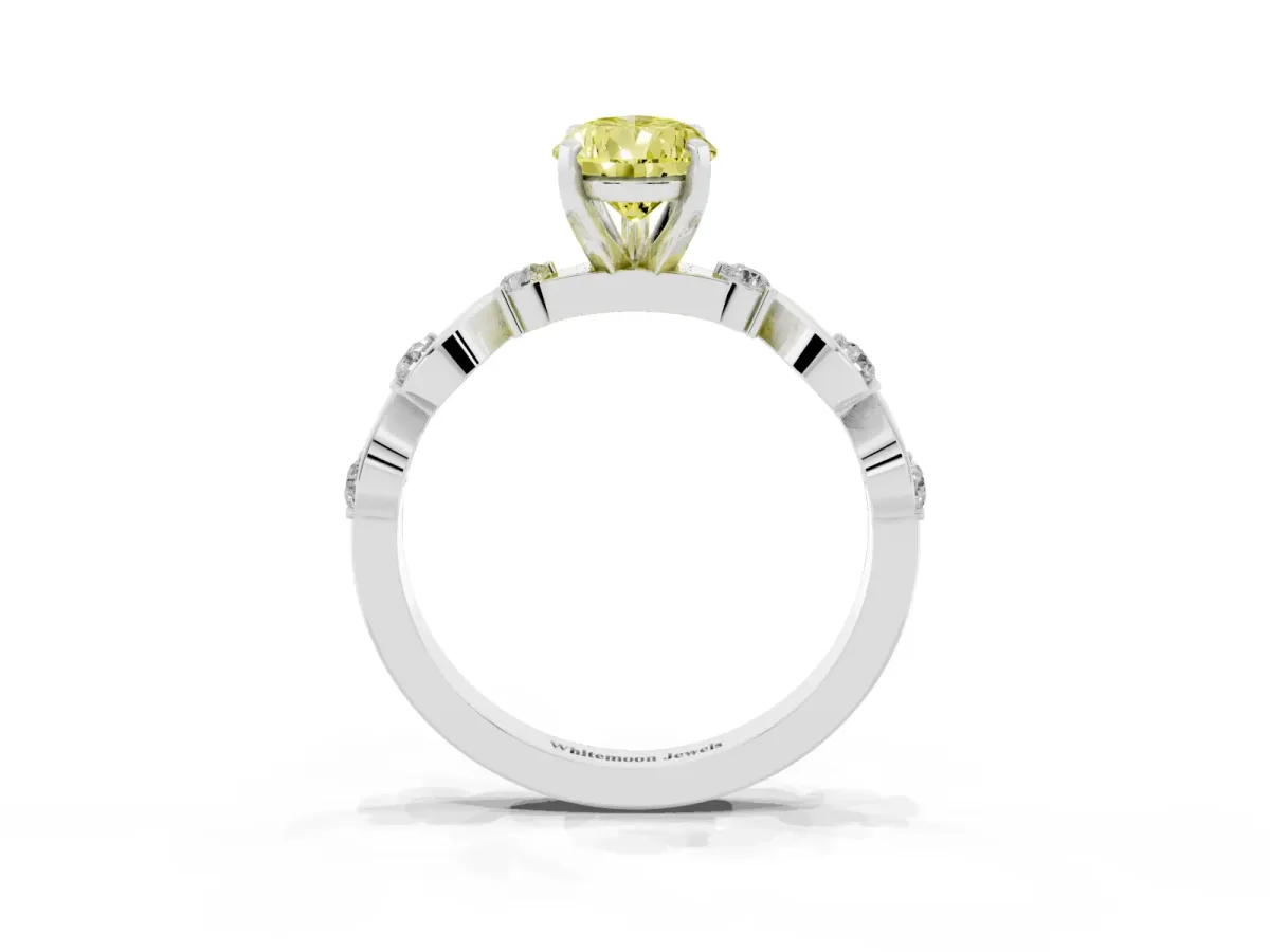 Fancy Yellow Pear Cut Diamond Solitaire Twisted Band with Round Accents and Prong Setting Silver