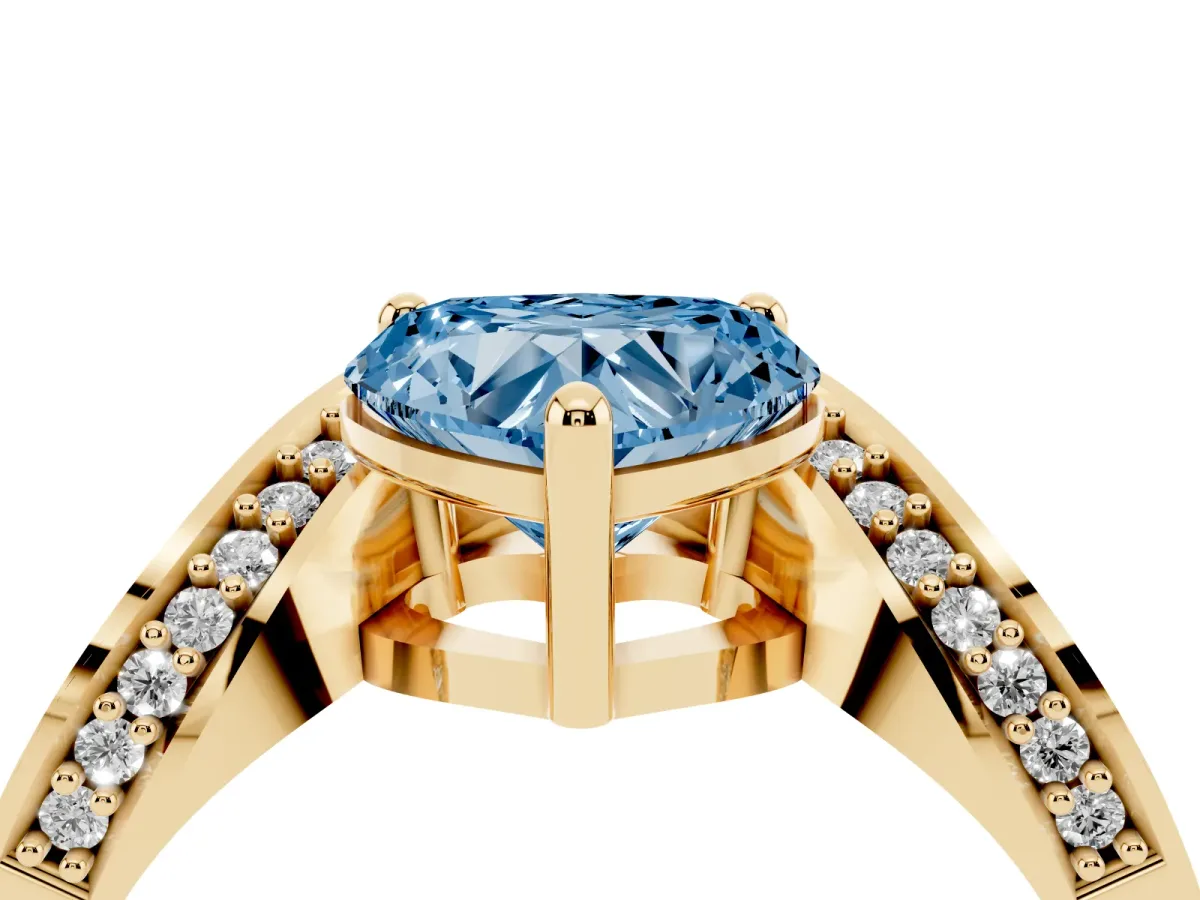 Fancy Blue Heart Cut Solitaire Diamond Engagement Ring with Pave Band and Four-Prong Setting Yellow gold