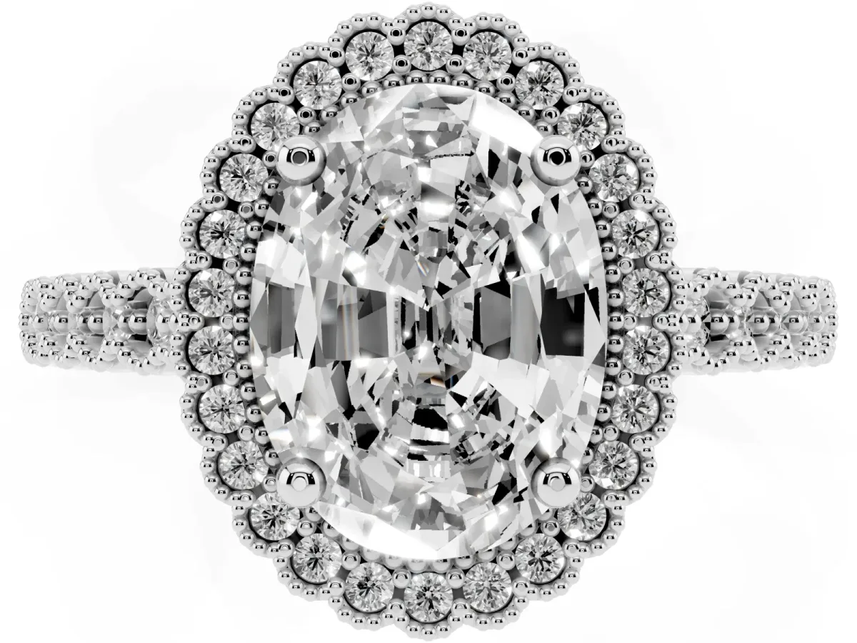 Oval Cut Cut Halo Pavé Solitaire Ring with Milgrain Band Silver