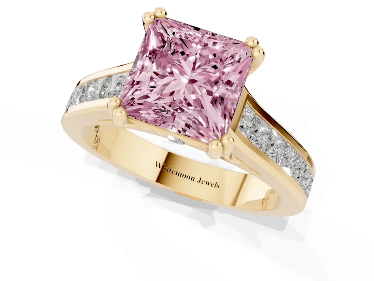Fancy Pink Princess Cut Cut Channel Set Solitaire Engagement Ring with Prong Setting Yellow gold