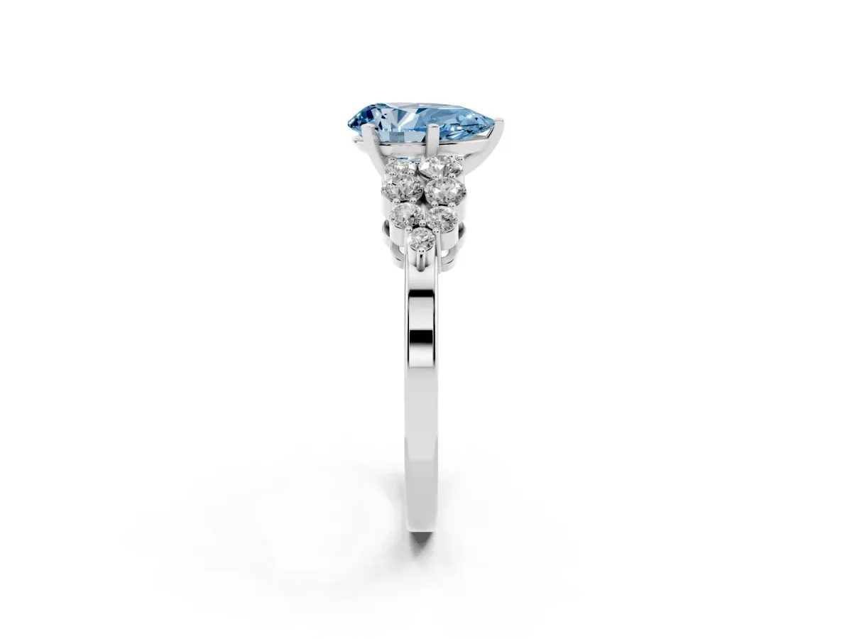 Fancy Blue Pear Cut Cluster Diamond Engagement Ring with Pavé Band and Four-Prong Setting Silver